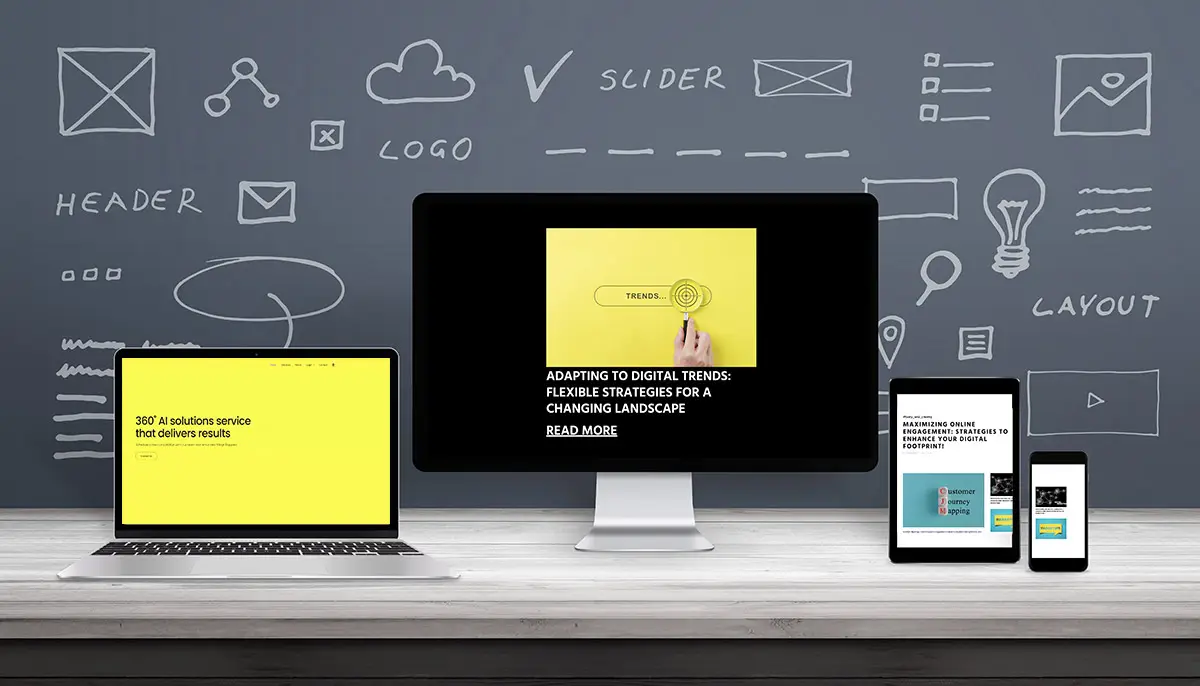 Bild mit Monitor und Handydisplay und darauf Webseiten
